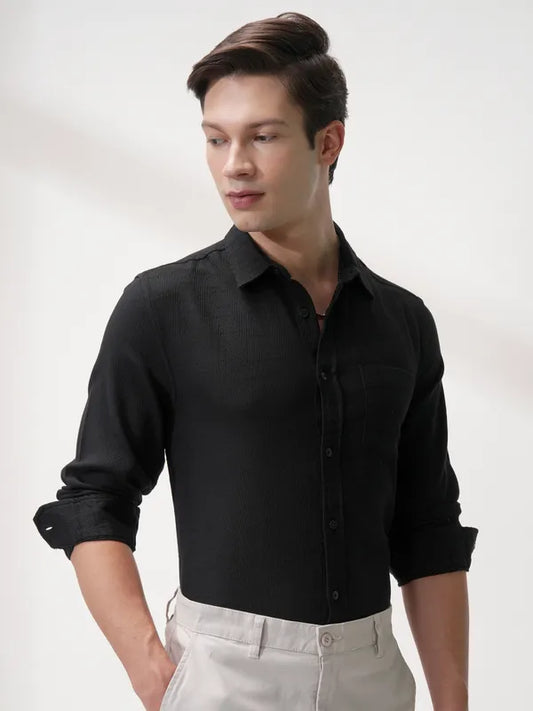Suburbans Men Black Self Design Slim Fit Casual Shirt