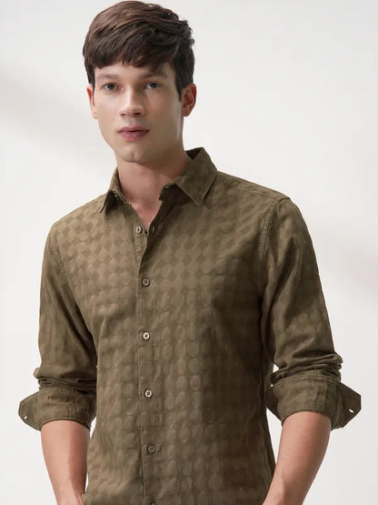 suburbans Men Brown Self Design Slim Fit Casual Shirt