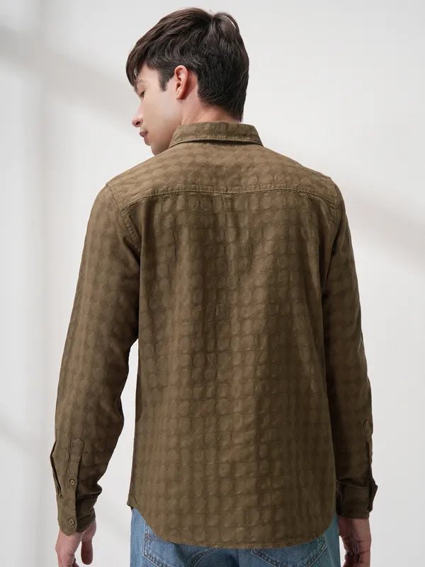 suburbans Men Brown Self Design Slim Fit Casual Shirt