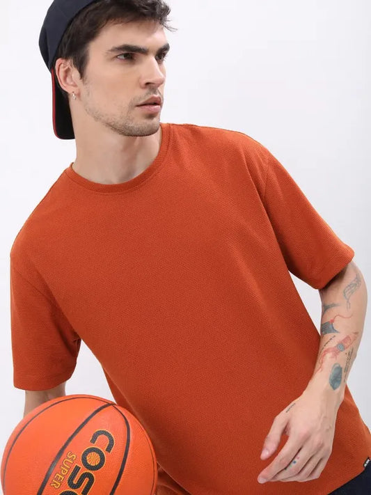 Suburbans Men Terracotta Solid Round Neck T-Shirts