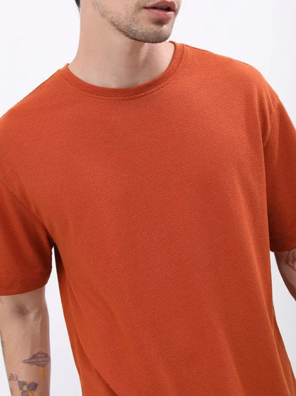 Suburbans Men Terracotta Solid Round Neck T-Shirts