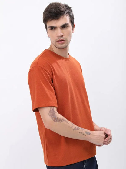 Suburbans Men Terracotta Solid Round Neck T-Shirts