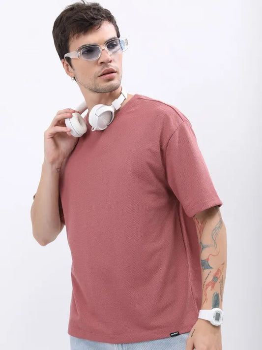 Suburbans Men Pink Solid Oversized Round Neck T-Shirt