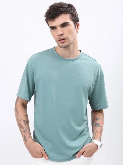 Suburbans Men Sea Green Solid Oversized Round Neck T-Shirt