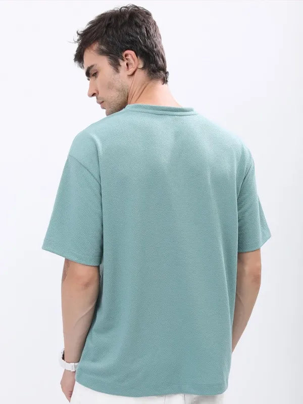 Suburbans Men Sea Green Solid Oversized Round Neck T-Shirt