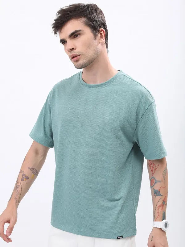 Suburbans Men Sea Green Solid Oversized Round Neck T-Shirt