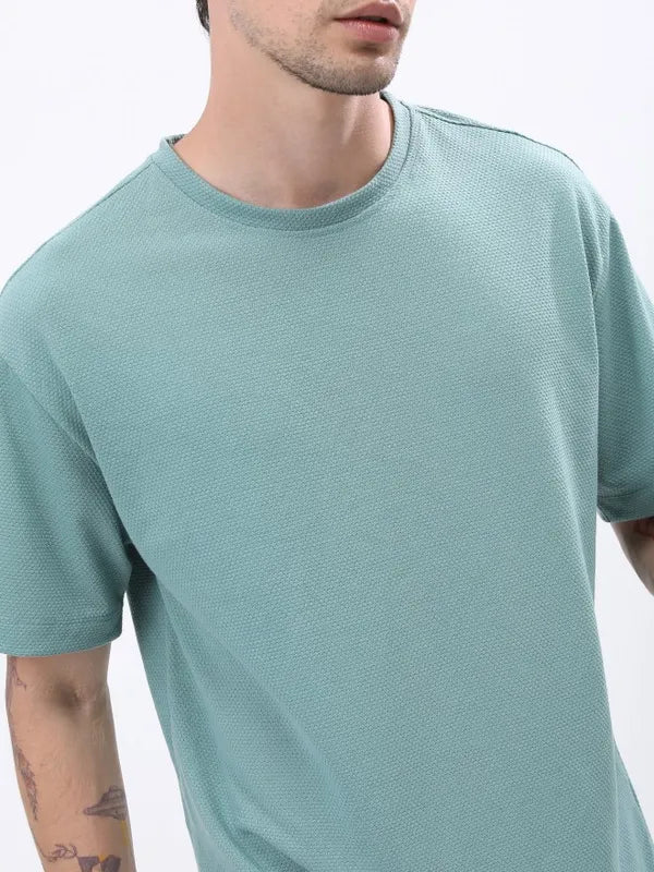 Suburbans Men Sea Green Solid Oversized Round Neck T-Shirt