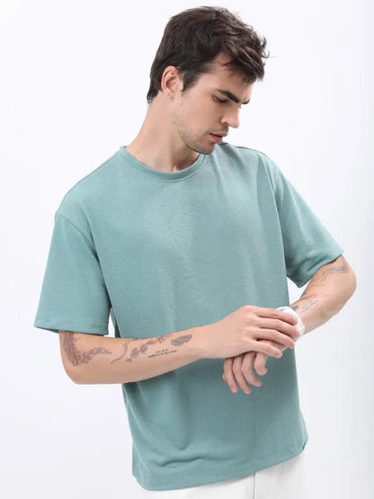 Suburbans Men Sea Green Solid Oversized Round Neck T-Shirt