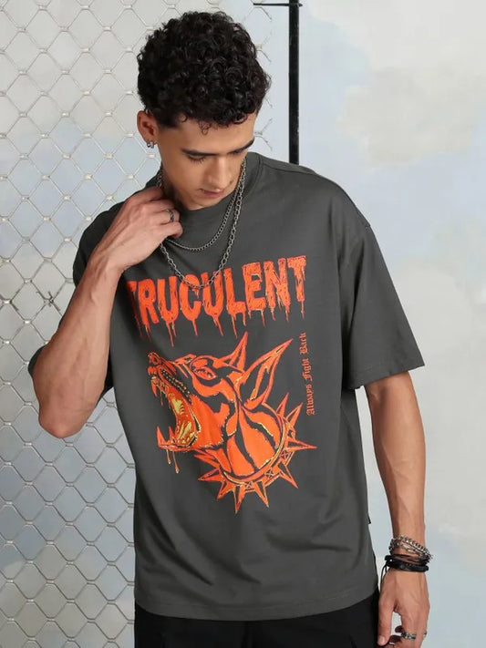 Suburbans  Men Grey Printed Round Neck Oversized Fit T-Shirt