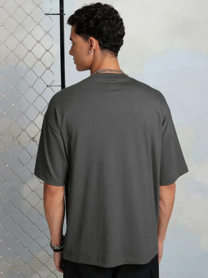 Suburbans  Men Grey Printed Round Neck Oversized Fit T-Shirt