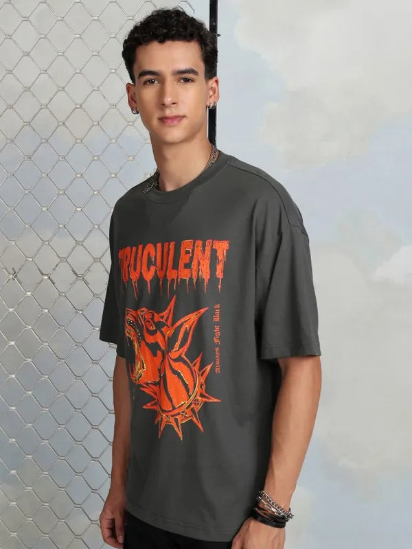 Suburbans  Men Grey Printed Round Neck Oversized Fit T-Shirt