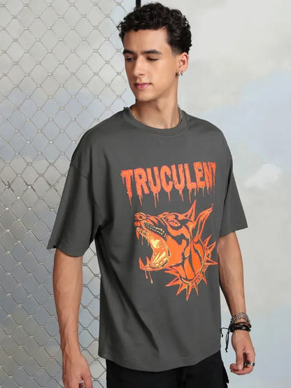 Suburbans  Men Grey Printed Round Neck Oversized Fit T-Shirt