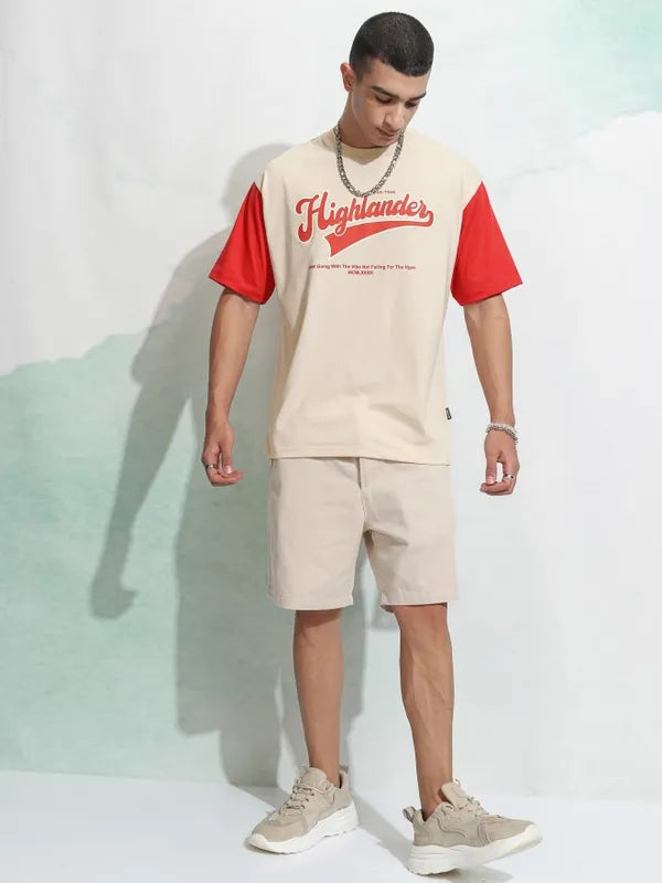 Suburbans  Men Cream Printed Round Neck Relaxed Fit T-Shirt