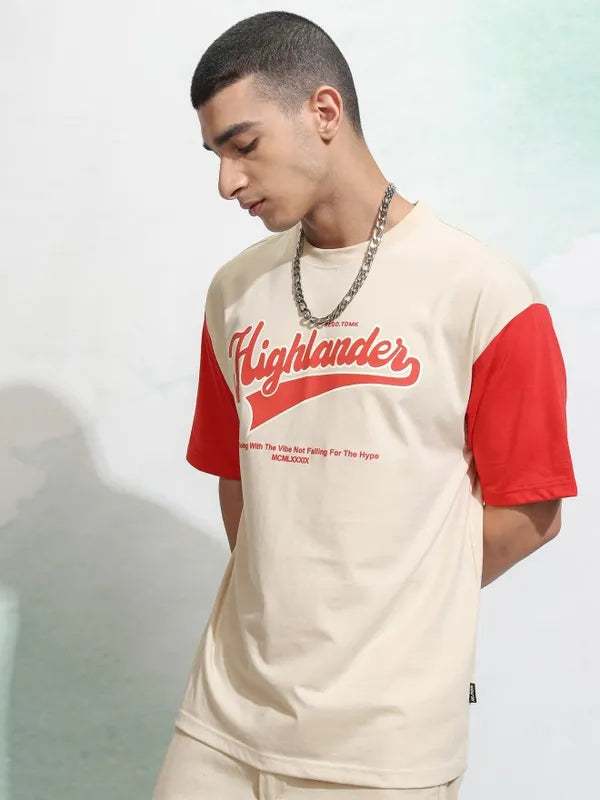 Suburbans  Men Cream Printed Round Neck Relaxed Fit T-Shirt