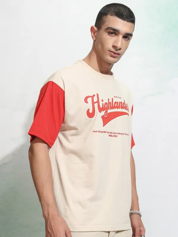 Suburbans  Men Cream Printed Round Neck Relaxed Fit T-Shirt