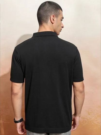 Suburbans  Men Black Self Design Polo Collar T-Shirt