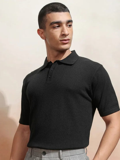 Suburbans  Men Black Self Design Polo Collar T-Shirt