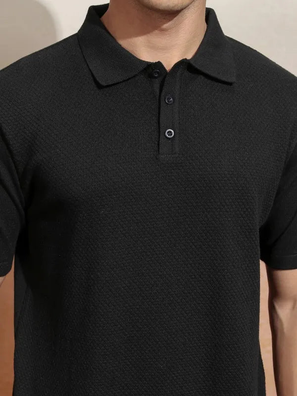 Suburbans  Men Black Self Design Polo Collar T-Shirt