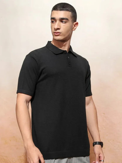 Suburbans  Men Black Self Design Polo Collar T-Shirt