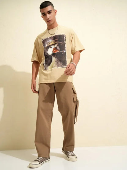 Suburbans Men Beige Printed Round Neck Oversized Fit T-Shirt