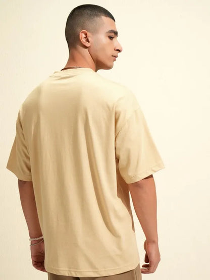 Suburbans Men Beige Printed Round Neck Oversized Fit T-Shirt