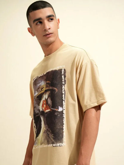 Suburbans Men Beige Printed Round Neck Oversized Fit T-Shirt