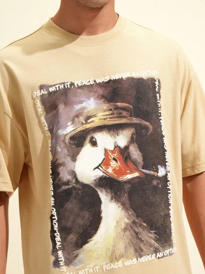 Suburbans Men Beige Printed Round Neck Oversized Fit T-Shirt
