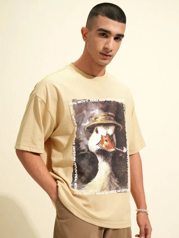 Suburbans Men Beige Printed Round Neck Oversized Fit T-Shirt
