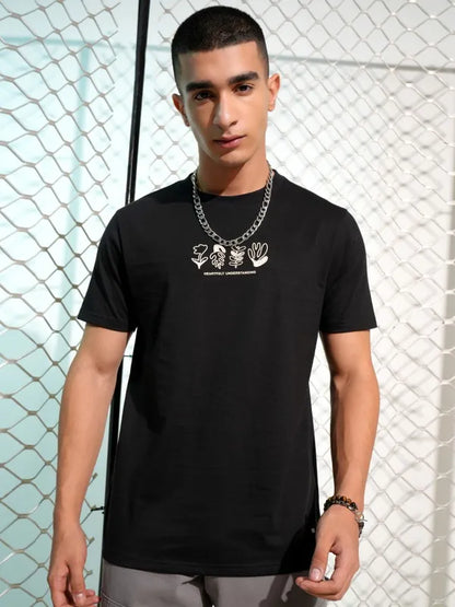 Suburbans Men Black Printed Round Neck T-Shirt