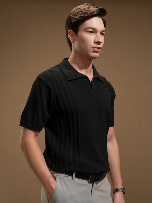 Suburbans Men Black Self Design Polo Collar T-Shirt