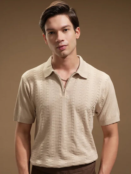 Suburbans Men Beige Self Design Polo Collar T-Shirt