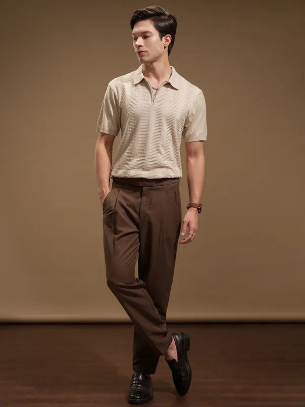 Suburbans Men Beige Self Design Polo Collar T-Shirt