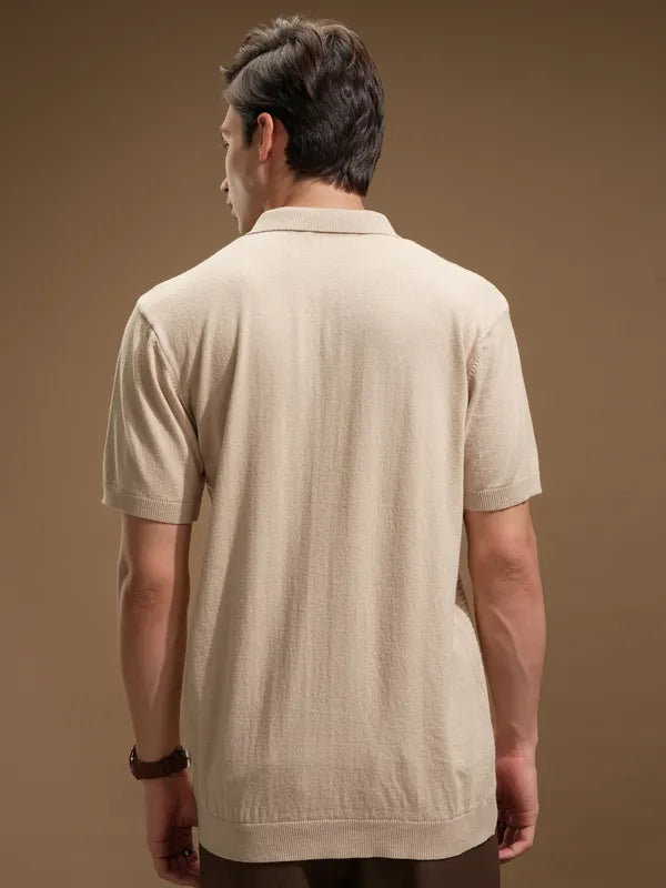 Suburbans Men Beige Self Design Polo Collar T-Shirt
