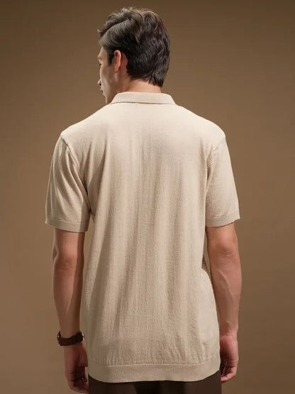Suburbans Men Beige Self Design Polo Collar T-Shirt