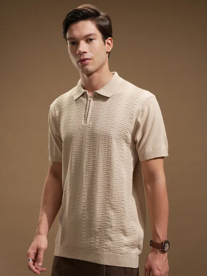 Suburbans Men Beige Self Design Polo Collar T-Shirt