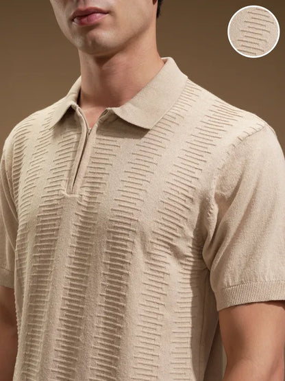 Suburbans Men Beige Self Design Polo Collar T-Shirt
