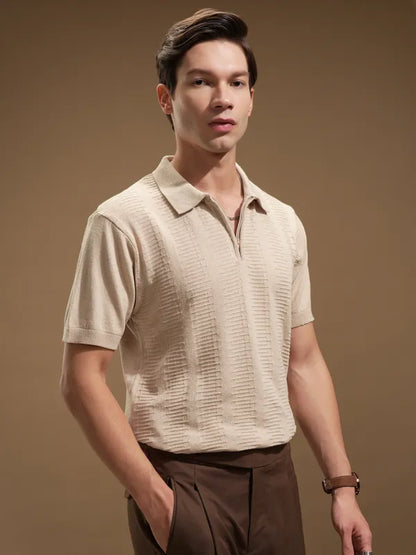 Suburbans Men Beige Self Design Polo Collar T-Shirt