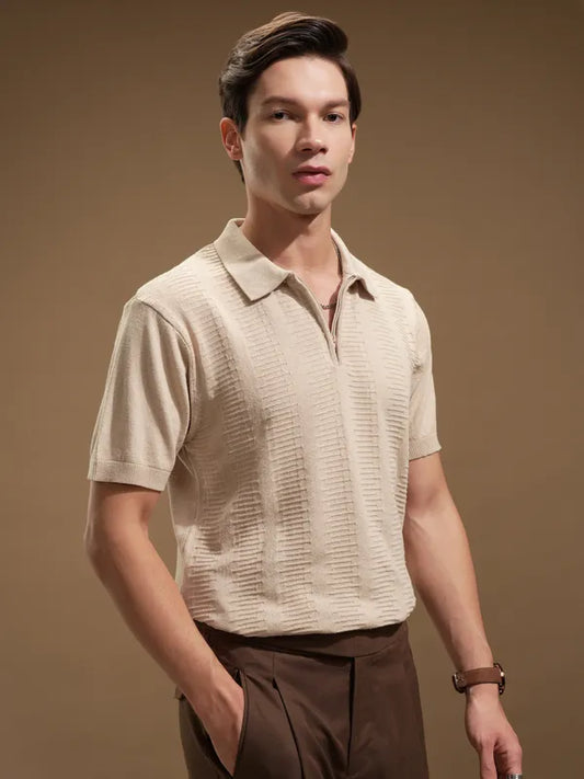 Suburbans Men Beige Self Design Polo Collar T-Shirt