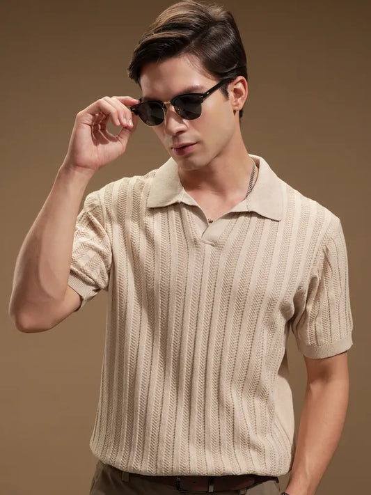 Men Beige Self Design Polo Collar T-Shirt
