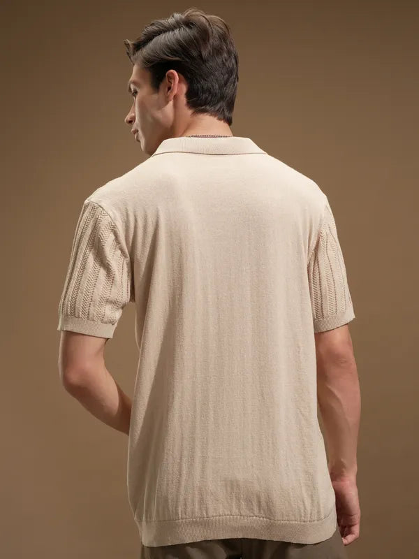 Men Beige Self Design Polo Collar T-Shirt