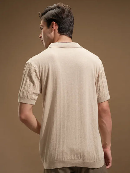 Men Beige Self Design Polo Collar T-Shirt