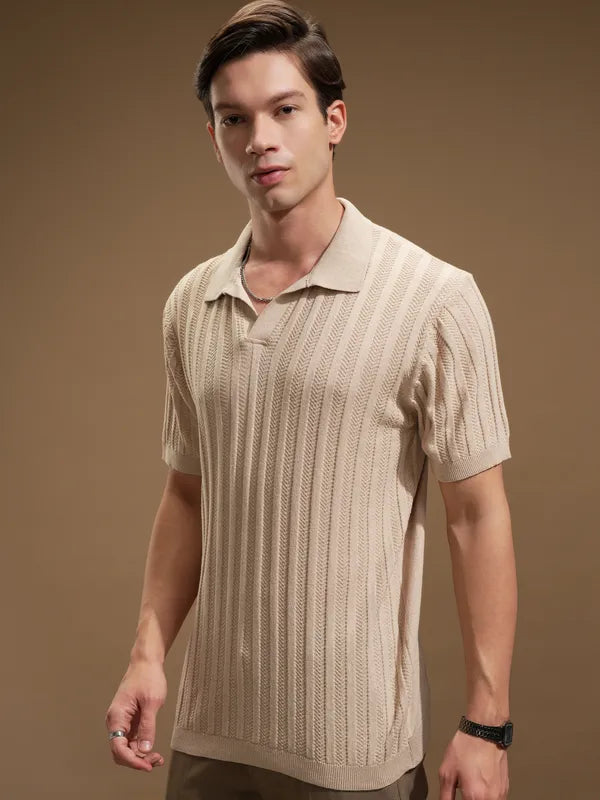 Men Beige Self Design Polo Collar T-Shirt