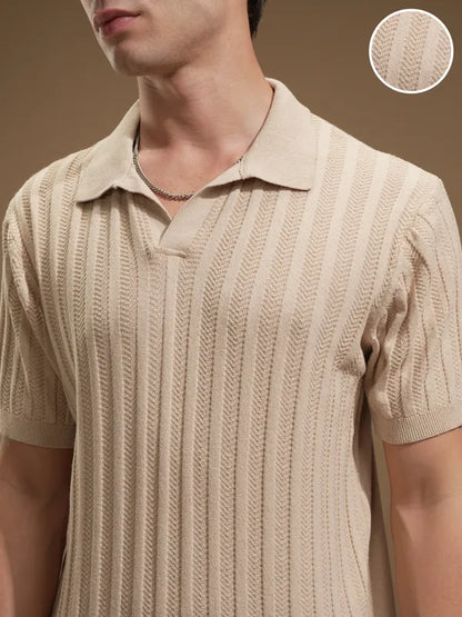 Men Beige Self Design Polo Collar T-Shirt