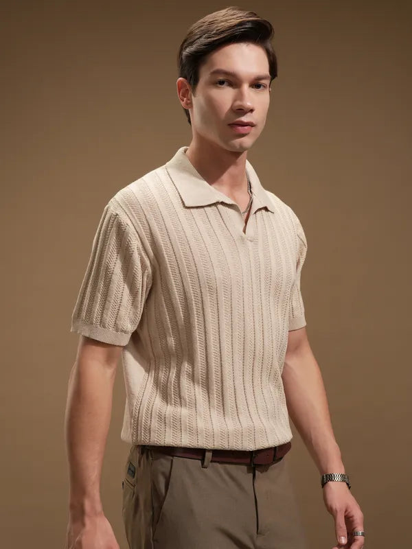 Men Beige Self Design Polo Collar T-Shirt