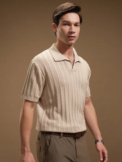 Men Beige Self Design Polo Collar T-Shirt