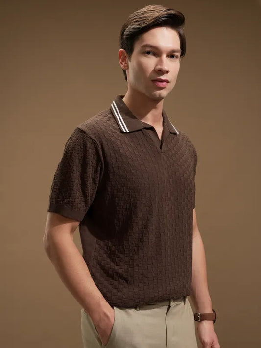 Suburbans Men Brown Self Design Polo Collar T-Shirt
