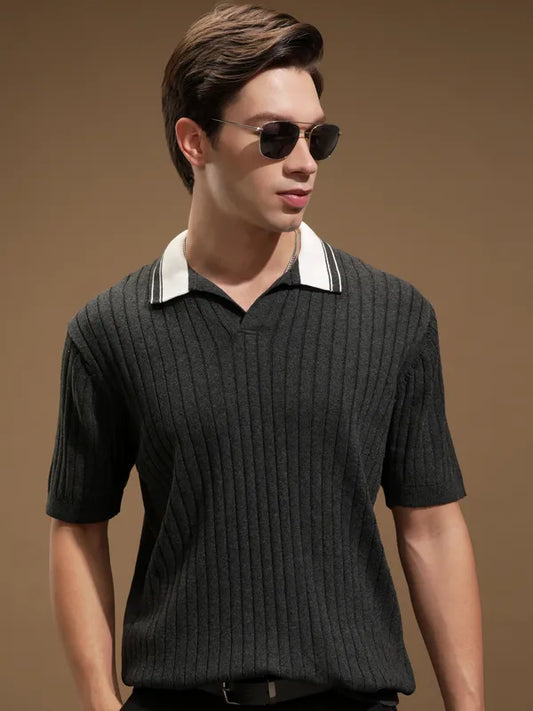 Suburbans Men Grey Self Design Polo Collar T-Shirt