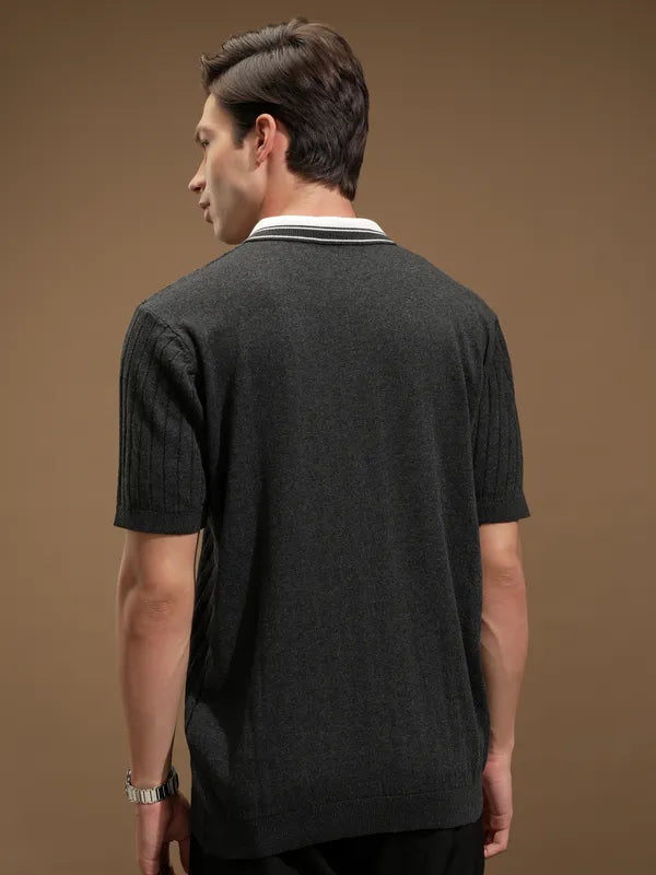 Suburbans Men Grey Self Design Polo Collar T-Shirt