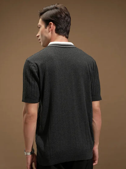 Suburbans Men Grey Self Design Polo Collar T-Shirt