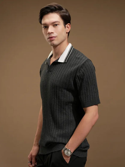 Suburbans Men Grey Self Design Polo Collar T-Shirt